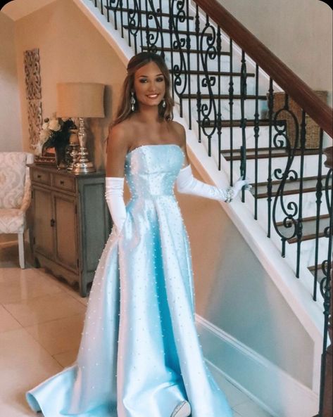 Big Prom Dresses Cinderella, Cinderella Formal Dress, Sneakers Prom Dress, Baby Blue Strapless Dress, Cinderella Hoco Dress, Poofy Prom Dresses Long, Cinderella Prom Look, Prom Dresses 2023 Light Blue, Princess Tiana Prom Dress Blue