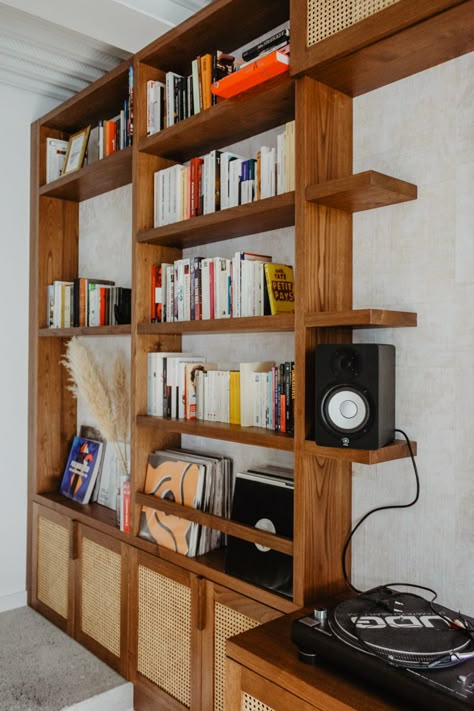 This South of France Home Reminds Us Why We Love French Style Shelves That Look Like Built Ins, Home Bookshelf Ideas, Built In Record Shelves, Living Room Shelving Unit, Vintage Built In Bookshelves, Wood Built In Bookshelves, Wood Built Ins Living Room, Bookshelf Around Tv, Built In Bookcase Living Room