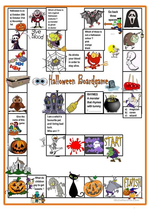 HALLOWEEN Boardgame - English ESL Worksheets for distance learning and physical classrooms Halloween Esl Activities, Halloween Board Games, Halloween Esl, Autumn Worksheet, Halloween Worksheet, Halloween Drinking Games, Halloween Board Game, Classroom Holiday Crafts, Halloween Crafts Preschool