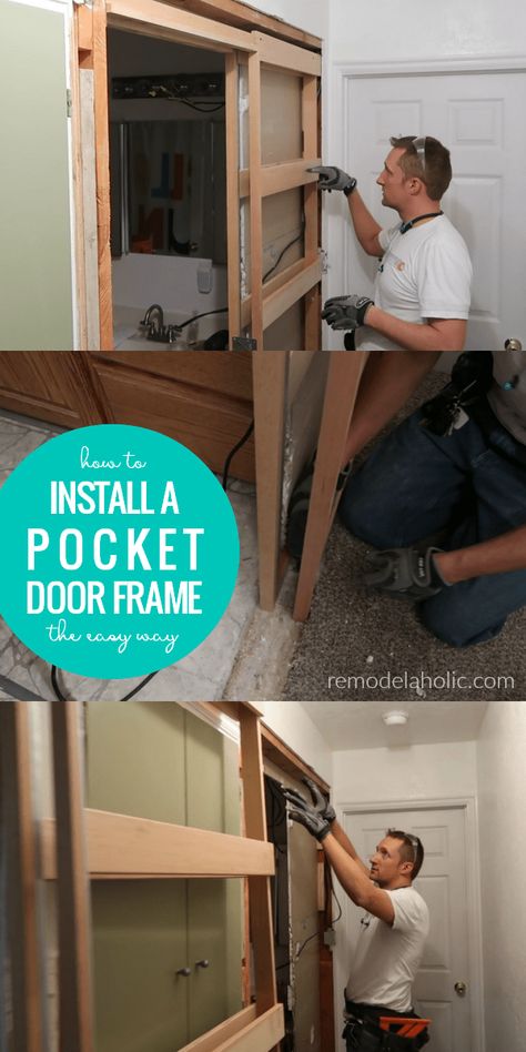 VIDEO TUTORIAL: How To Install A Pocket Door Frame In An Existing Wall The Easy Way #remodelaholic #pocketdoor #diy #remodeling #doorinstall Pocket Doors Diy, How To Install A Pocket Door, Diy Pocket Door, Pocket Doors Bathroom, Pocket Door Installation, Pocket Door Frame, Pocket Door, Basement Bathroom, 9 Hours