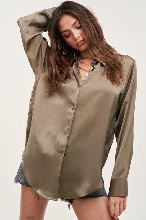 Luxury Silk Short Sleeve Shirt, Silk Button Down Shirt Open, Versatile Solid Shirt With Button Closure, Satin Tank Top Outfit, Satin Undershirt, Tara Dress, Levis Outfit, Satin Tank Top, Silky Blouse