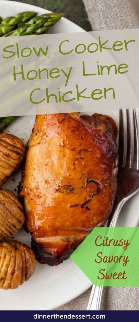 Slow Cooker Honey Lime Chicken is a delicious dinner with just 4 ingredients. Sweet and tangy chicken thighs with crispy skin in the crockpot! Sweet And Tangy Chicken, Tangy Chicken, Crockpot Chicken Thighs, Slow Cooker Chicken Thighs, Honey Lime Chicken, Roasted Chicken Thighs, Lime Recipes, Cilantro Lime Chicken, Honey Lime