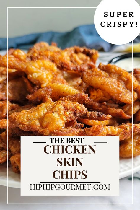 crispy chicken skin chips piled on a plate Crispy Chicken Skin Recipes, Chicken Skin Recipes, Chicken Skin Chips, Chicken Skins, Crispy Chicken Skin, Fried Chicken Skin, Chicken Chips, Chicken And Chips, Crispy Fried Chicken