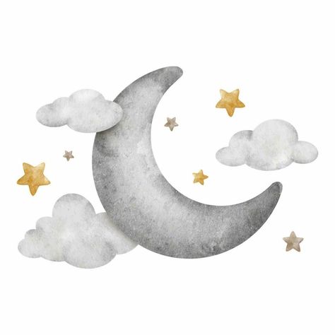 Moon with clouds and stars. Grey crescent moon. Cute baby Watercolor illustration. Isolated. Design for logo, kid's goods, clothes, textiles, postcards, baby shower and children's room Star Moon Illustration, Cloud Illustration Design, Moon With Clouds, Moon Cute, Moon Watercolor, Baby Watercolor, Clouds And Stars, Baby Moon, Cloud Illustration