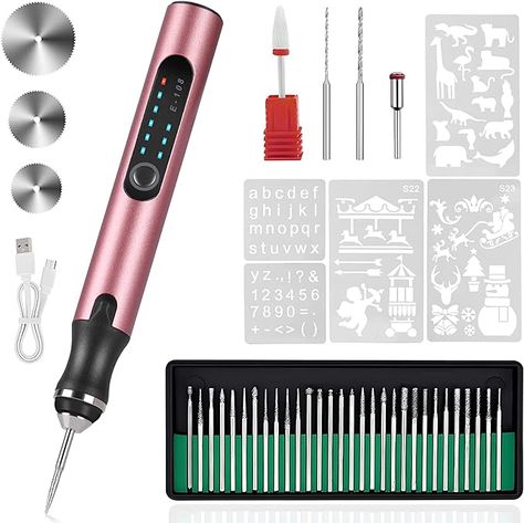 Amazon.com: HOTROSE Electric Engraving Pen with 37 Bits, USB Rechargeable Cordless Engraving Machine, Portable DIY Rotary Engraver for Jewelry Wood Glass Stone Carving (Rose Red) : Arts, Crafts & Sewing Etching Tool, Engraving Pen, Words On Wood, Engraved Pens, Jewelry Wood, Engraving Tools, Power Colors, Rotary Tools, Pen Kits