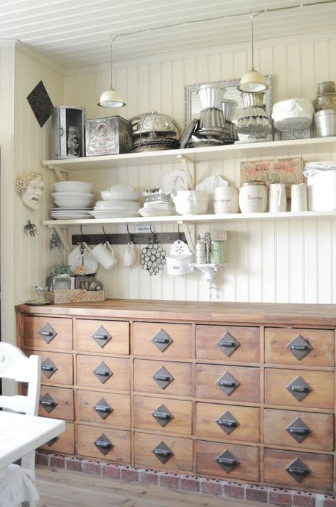 I love the idea of a piece of furniture like a dresser instead of built in cabinets and open shelves are fun Hipster Kitchen, Vintage Cupboard, White Dishes, Chic Kitchen, Shabby Chic Kitchen, Cool Ideas, Shabby Chic Homes, Kitchen Shelves, Shabby Chic Furniture