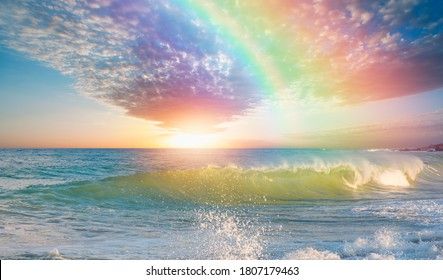 Beautiful Landscape Turquoise Sea Wave Rainbow Stock Photo 1807179463 | Shutterstock Calming Pictures, Ocean Images, Rainbow Images, Water Images, Rainbow Sky, Rainbow Aesthetic, Rainbow Wallpaper, Rainbow Background, Beautiful Locations Nature