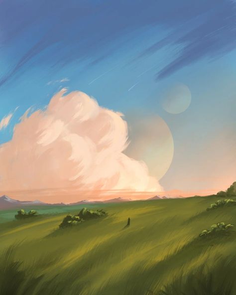 Clouds Over Field, Painting Of Grass Fields, Grassy Field Drawing, Cute Sky Drawing, Grassy Field Painting, Grass Field Drawing, Cloudy Illustration, Grass Field Painting, Cloud Lettering