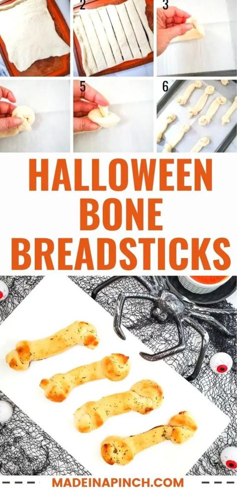 This easy recipe transforms store-bought pizza dough into Halloween Bone Breadsticks fit for a Halloween party or a family Halloween movie night! Don’t forget to include the “blood” for dunking! Isn’t Halloween-themed food so much fun? Add a spooky treat to your Fright Night meal with this quick and easy recipe for Halloween Breadstick Bones. | @made_in_a_pinch #halloweenfood #diyhalloweenparty #bonebreadsticks #funhalloweenrecipes Halloween Bone Breadsticks, Halloween Bread Stick Bones, Halloween Breadsticks, Bone Breadsticks, Breadstick Bones, Family Meals Kid Friendly, Breadsticks Recipe, Witch Cupcakes, Store Bought Pizza Dough