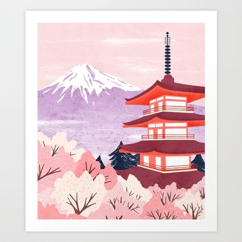 Japanese Temple Drawing, Mountain Drawing Simple, Sakura Season, Temple Drawing, Japan Painting, Japanese Temple, Japanese Drawings, Posca Art, Temple Art