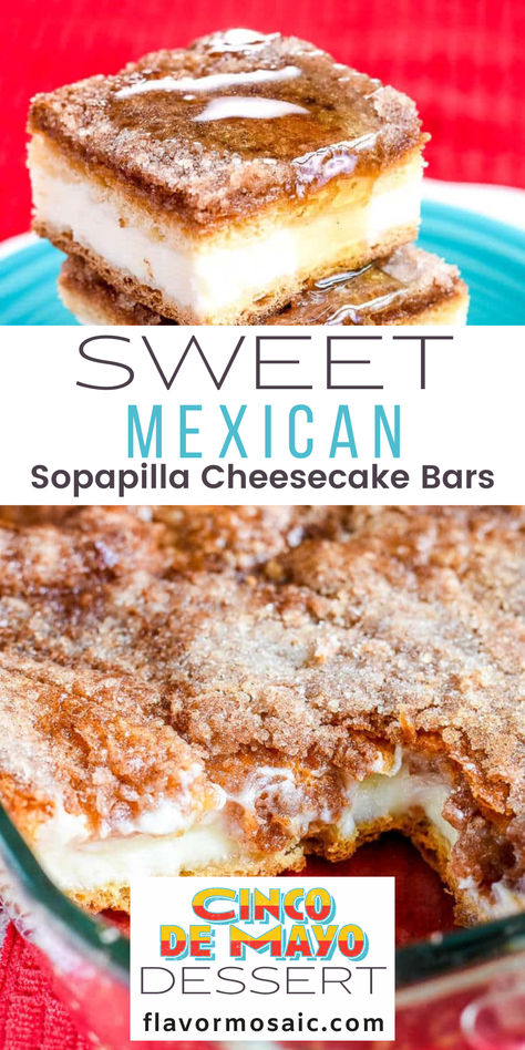 These Sweet Mexican Sopapilla Cheesecake Bars would be a delicious Cinco de Mayo dessert. They have a sweet, creamy cheesecake filling tucked between 2 crescent roll pastry sheets, and are topped with butter, cinnamon, and sugar and drizzled with honey. If I can make this recipe, then you can make these Sopapilla Cheesecake Bars too because they are so easy! Really! Cheesecake Sopapilla Crescents, Mexican Cheesecake Bars, Cream Cheese Mexican Cake, Mexican Food Recipes Desserts, Mazapan Cheesecake Recipes, Easy Sopapilla Cheesecake Bars, Easy Mexican Style Dessert, Desserts Using Tortilla Wraps, Mexican Food Bar Ideas