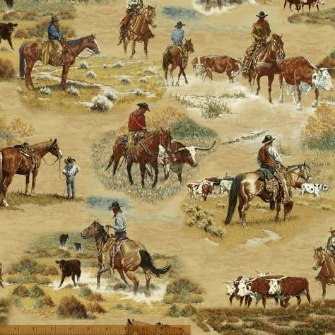 Cattle Drive, 41778-X, Windham Fabrics Cowboy Fabric, Western Fabric, Cattle Drive, Horse Fabric, Cowboy Christmas, Vintage Cowgirl, Cowboy Art, Windham Fabrics, Western Art