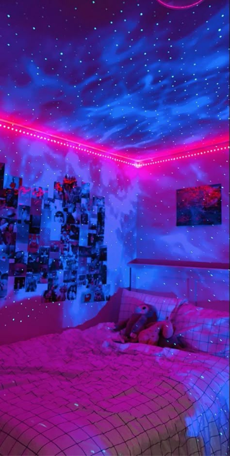 Led Room Aesthetic, Gray Room Ideas, Led Room, Hiasan Bilik Tidur, Neon Bedroom, Led Lighting Bedroom, Neon Room, Blue Lights, Indie Room Decor