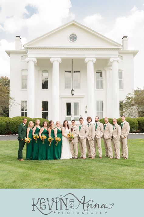 Emerald Green And Tan Wedding Party, Tan And Emerald Green Suit, Tan And Green Bridal Party, Tan And Emerald Wedding, Emerald Green Wedding Party Attire, Emerald Green Groomsmen Attire Casual, Emerald And Tan Wedding, Emerald Green And Tan Wedding, Emerald Bridesmaid Dress With Groomsmen