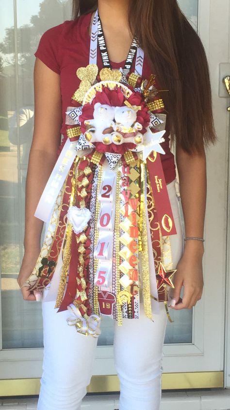 Freshman single flower homecoming mum for my daughter . Gold, red & white. Overalls Homecoming, Texas Mums, Homecoming Mums Senior, Homecoming Corsage, Texas Homecoming Mums, Football Mums, Homecoming Spirit, White Mums, Senior Overalls