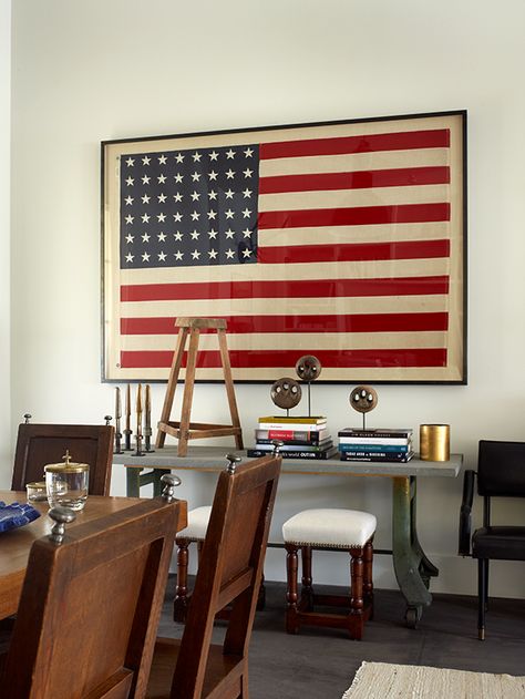 Guys Apartment, Robert Stilin, Creative Apartment, Framed American Flag, Apartment Checklist, Framed Flag, July Decor, Studio Apartment Ideas, Americana Decor