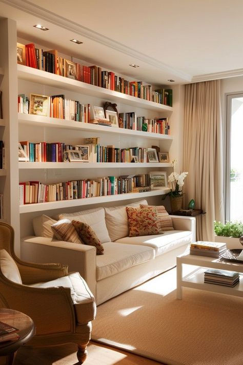 Transform Your Walls: Shelving Unit Ideas for Efficient Home Libraries - Quiet Minimal Home Office Window Wall, Elegant Home Library, Home Library Minimalist, Home Book Shelves, Living Room With Library, Office Library Design, Library Ideas For Home, Living Room With Bookshelves, Book Library Home