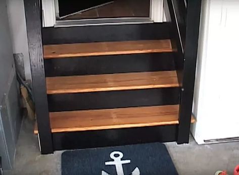 How To Renew Your Garage Steps In Under 2 Hours | Hometalk Garage Steps, Redo Stairs, Garage Stairs, Black Railing, Garage Entryway, Pergo Laminate, Power Sander, Painted Terra Cotta Pots, Terracotta Plant Pots