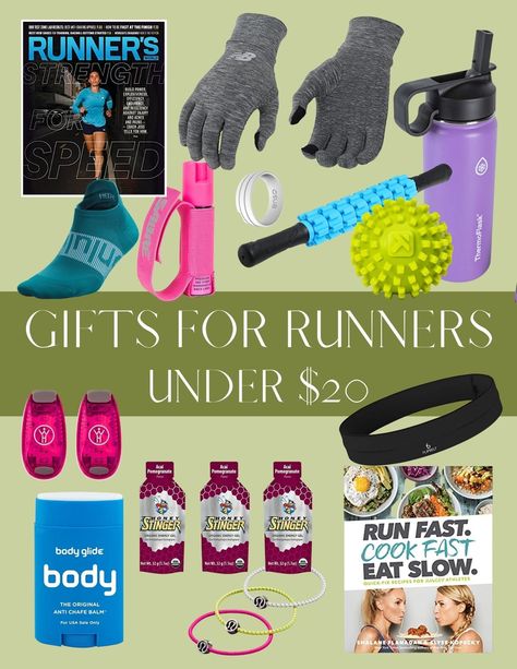 Here are my top gift ideas for runners under $20. Running Gifts For Men Runners, Runner Gift Basket, Running Gifts For Women, Gifts For Runners Men, Running Gift Basket, Runners Gift Basket, Runner Gift Ideas, Runner Gifts, Runner Humor