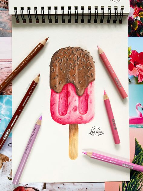 Food Realistic Drawing, Scrunchie Drawing, Realistic Colour Pencil Drawings, Popsicle Drawing, Colored Pencil Artwork Ideas, Color Pencil Sketch, Color Pencil Illustration, Prismacolor Art, Color Drawing Art