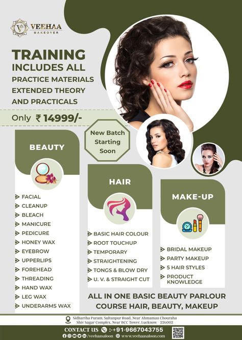 We are Providing the best Training for Hair Beauty and Makeup Course. Reasonable Prices with Free Demo, in Lucknow Hair Designing/Salon Courses/Beauty Parlour Courses/Makeup course. • Ground Floor, House No 786, Sultanpur Rd, Arjunganj, Ahmamau, Lucknow Call or DM for more information on +91-9667043755 #veehaaacademy #veehaamakeover #veehaasaloon #facetreatment #facialmassage #waxing #threading #hairspa #parlourcourse #salooncourse #bestfacetreatment #bookyourslots #beauty #makeup #makeupbyneha Beauty Course Poster, Beaution Course, Makeup Banner Design, Beauty Parlour Offer Poster, Parlour Makeup, Beauty Parlour Course, Beauty Parlour Makeup, Ground Floor House, Parlour Design