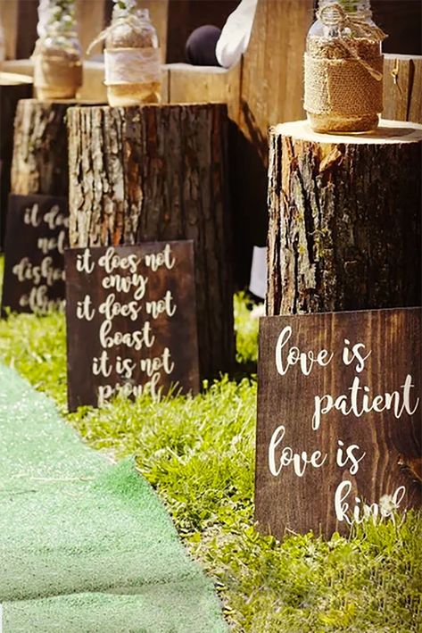 Wooden country wedding signs displaying the Corinthians 13 bible verse. You could put the Love is Patient, Love is Kind scripture down the wedding aisle or along the walkway to the reception. It is written in rustic wedding style on eight signs. Kendra stains them dark walnut with white writing. Look for these as the second or third buy product listing on the page. In the My Online Wedding Help Products section. #MyOnlineWeddingHelp #WeddingSigns Yucca Plant, Diy Event, Love Is Patient, Western Wedding, Wedding Aisle, Simple Weddings, Reception Decorations, Backyard Wedding, Wedding Tips