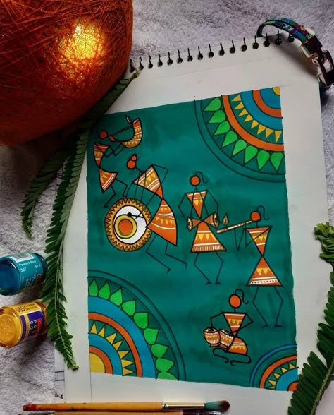 Festive season beacomes more elegant with traditional arts nd lil bit aesthetics..! 🥰💕 . . . . . . . . Medium:poster teel_ orange… Canvas Board Drawing, Varli Art Painting, Warli Paintings Easy, Traditional Painting Ideas, Warli Paintings On Canvas, Varali Art, Warli Art On Canvas, Warli Painting Ideas On Wall, Warli Painting Ideas On Paper