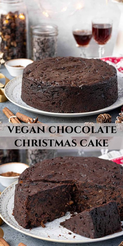 This vegan chocolate Christmas cake is good enough to convert even the fruit cake haters. It is a rich, moist and boozy vegan fruit cake with the added indulgence of chocolate, and is perfect for the festive season. It is easy to make, moist, rich and delicious. It can be eaten right away or made in advance and matured. Vegan Christmas Pudding Recipe, Vegan Fruit Cake Recipe, Vegan Christmas Cake Recipe, Christmas Vegan Desserts, Vegan Christmas Food, Christmas Vegan Recipes, Vegan Christmas Cake, Christmas Chocolate Cake, Vegan Fruit Cake