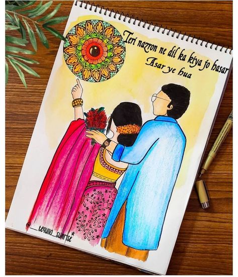 Karwachauth Drawings, Karwachauth Drawing Ideas, Dairy Decoration, Hummingbird Art Drawing, Butterfly Wall Art Diy, Diary Drawing, Small Mandala, Rangoli Diwali, Mandala Book