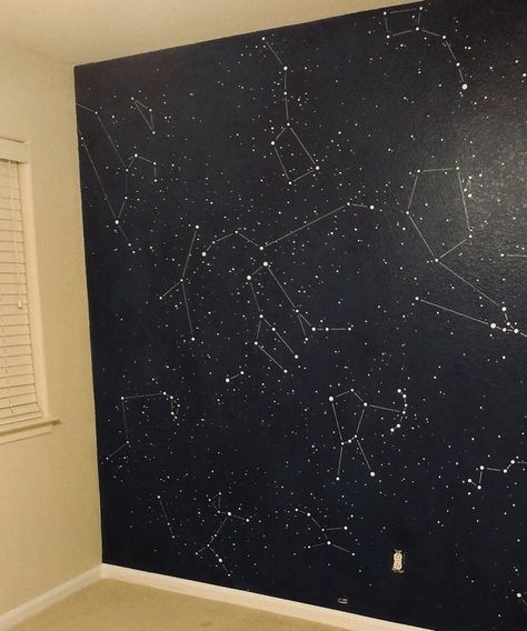 Celestial Wall Painting, Constellation Accent Wall, Constellation Wallpaper Bedroom, Stars Wall Painting, Space Painting On Wall, Wall Shelf Painting Ideas, Constellation Room Ideas, Constellation Room Decor, Diy Constellation Wall