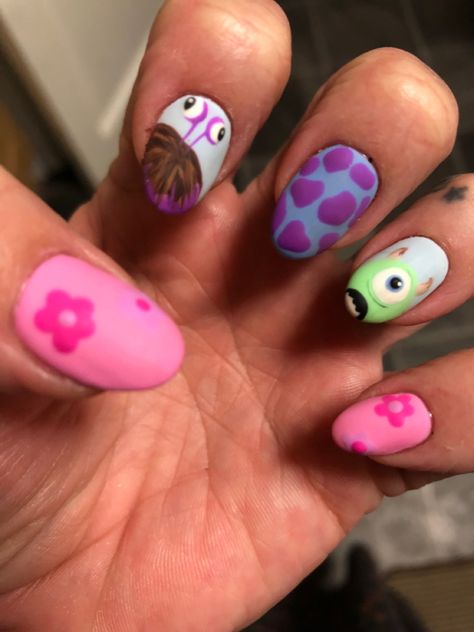 Baymax Nail Art, Mike Wazowski Nails, Disney Nail Art Designs, Monsters Inc Nails Acrylic, Sully Nails Monsters Inc, Pixar Nails Simple, Monster Inc Nails Design, Inside Out Nails, Monsters Inc Acrylic Nails