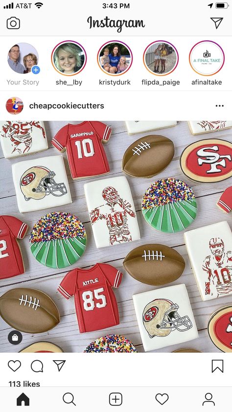 49ers Cookies Decorated, 49ers Birthday Party, Football Sugar Cookies, Super Bowl Cookies, Football Cookies, Sugar Cookie Royal Icing, Cooking Cookies, Iced Sugar Cookies, Sugar Cookie Designs