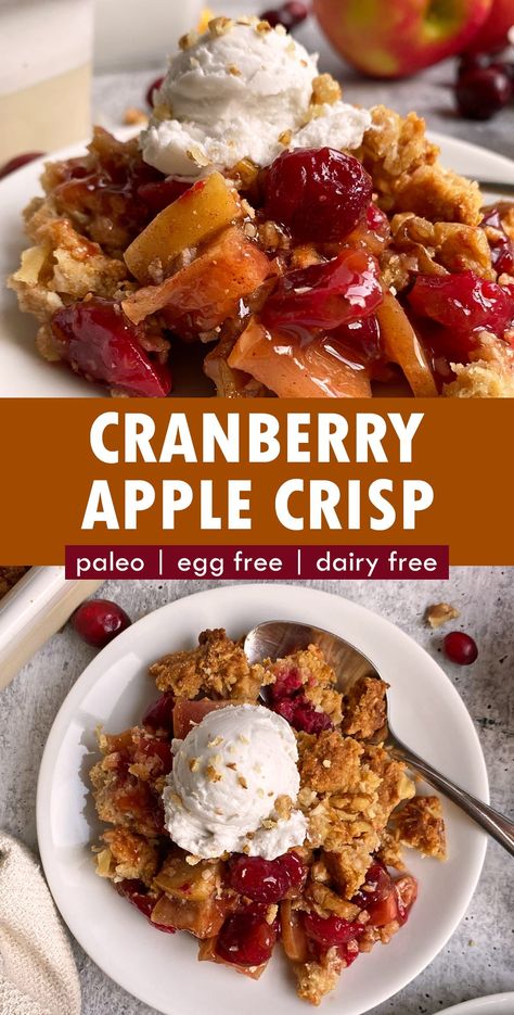 This healthy cranberry apple crisp has a tart apple and cranberry filling that's topped with an almond flour crumble. This paleo cranberry crisp is grain free (no oats), gluten free, dairy free and egg free. It's an easy paleo holiday dessert. #cranberries #cranberrycrisp #cranberryapple #paleo #eggfree Almond Flour Crumble, Apple Cranberry Dessert, Cranberry Recipes Healthy, Cranberry Apple Crisp, Cranberry Recipes Dessert, Cranberry Filling, Cranberry Cobbler, Gluten Free Crisps, Fresh Cranberry Recipes