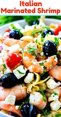 Italian Marinated Shrimp with artichoke hearts, olives, and feta cheese #appetizer Marinate Shrimp, Avocado Recipe, Shrimp Salad Recipes, Marinated Shrimp, Shrimp Appetizers, Bacon Avocado, Mustard Chicken, Seafood Salad, Shrimp Dishes