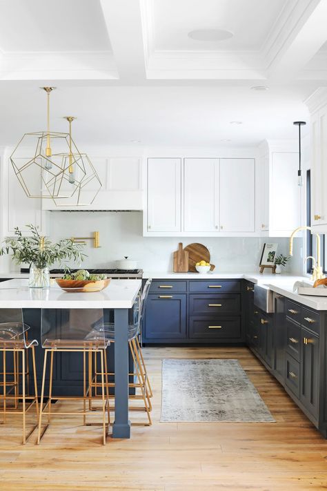 Kitchen White Cabinets Navy Island, Navy Blue Accent Kitchen, Blue Kitchen Lower Cabinets, Blue Accent Wall Kitchen, Dark Lower Kitchen Cabinets, Kitchen Ideas Blue Cabinets, Kitchen Ideas Navy, Wood And Blue Kitchen, Navy And Wood Kitchen