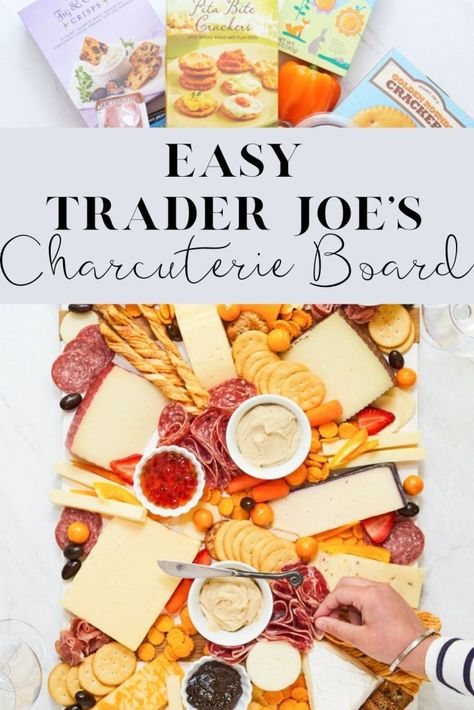 Trader Joe’s Charcuterie Board List, Trader Joes Charcuterie Board $25, Cheese Party Trays, Trader Joes Appetizers, Fig Butter, Cheesy Crackers, Potluck Ideas, Chocolate Covered Almonds, Charcuterie Inspiration