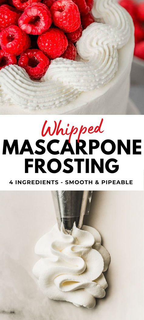 Master the art of Whipped Mascarpone Frosting: Whip up the best vanilla-flavored stabilized frosting in just 5 minutes! This easy recipe creates a rich, smooth, and pipeable mascarpone frosting that's incredibly versatile. Perfect for topping cupcakes, filling cakes, or pairing with fresh fruits. Elevate your desserts with this creamy delight – learn how now! Stabilized Frosting, Mascarpone Frosting Recipe, Decorating Icing Recipe, Whipped Mascarpone, Mascarpone Frosting, Stabilized Whipped Cream, Easy Frosting, Cake Filling Recipes, Frosting Recipes Easy