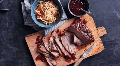 Korean Chile-Braised Brisket   Kimchi Coleslaw Kimchi Coleslaw, Brisket Sauce, Korean Recipe, Braised Brisket, Melissa Clark, Beef Brisket Recipes, July Recipes, Brisket Recipes, Coleslaw Recipe