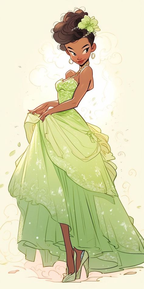 Princess And The Frog Dresses, Tiana Fan Art, Princess Poses Drawing Reference, Princess Tiana Art, Disney Princess Illustration, Disney Style Art, Princess Dress Art, Tiana Fanart, Princess Poses