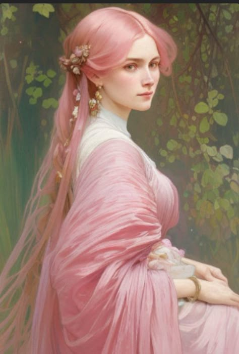 Spring Eladrin Female, Medieval Girl, Dnd Elves, Medieval Hairstyles, Pink Hair Anime, Nature Goddess, Girl With Pink Hair, Medieval Woman, Female Elf