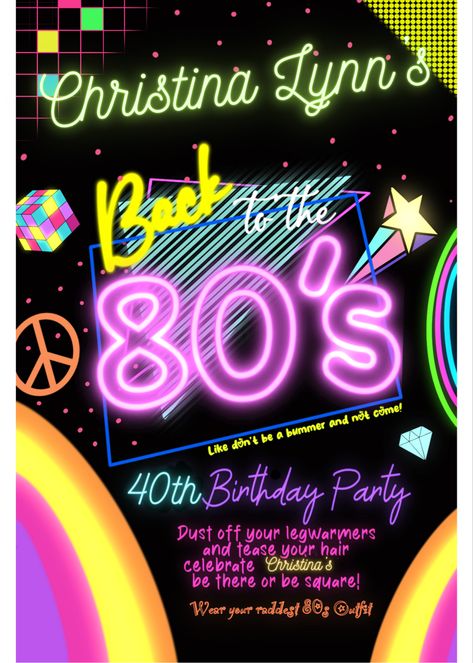 80s or 90s Birthday Invitation 80s Party Invitations, 80s Decorations Party, Neon Party Invitations, Neon Birthday Party, 80s Birthday Parties, 40th Birthday Party Decorations, 40th Birthday Party Invites, 80s Theme Party, Hawaii Party