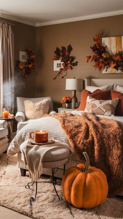 Fall Decor Ideas For The Home Boho, Autumn Bedroom Ideas, Autumn Bedroom Aesthetic, Fall Bedroom Decor Cozy, Fall Decor Ideas For Bedroom, Bedroom Fall Decorations, Brass Trunk, Cozy Fall Room, Autumn Bedding