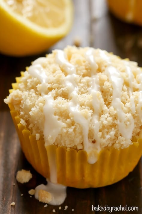 Lemon Crumb Muffins with Lemon Glaze – Baked by Rachel Lemon Muffins With Glaze, Lemon Coffee Cake With Crumb Topping, Lemon Cheesecake Muffins, Lemon Muffins From Cake Mix Recipes, Lemon Crumb Muffins, Cobbler Muffins, Lemon Muffin Recipes, Sweet Deserts, Crumb Muffins