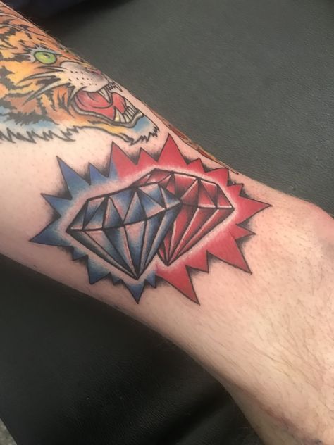 Red and Blue Diamond tattoo Red Diamond Tattoo, Blue Diamond Tattoo, Diamante Tattoo, Traditional Diamond Tattoo, Fancy Tattoo, Diamond Tattoo Designs, Fun Love Quotes For Him, Diamond Tattoo, Diamond Tattoos