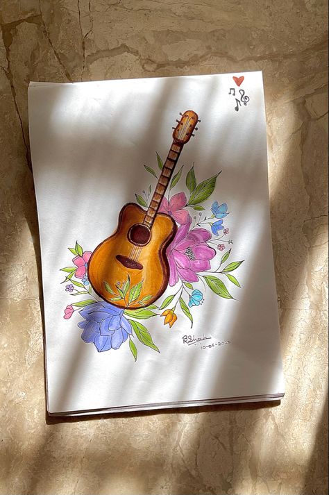 Guitar Painting Watercolor, Guitar Drawing Art Paintings, Aesthetic Guitar Drawing, Watercolor Art Guitar, Guitar Aesthetic Drawing, Guitar Drawing Aesthetic, Painting On Guitar Ideas, Drawing Of Guitar, Painting Of Guitar