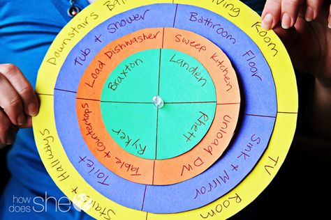 DIY Chore wheel from HowDoesShe.com (Ready to take chores online? Try FamZoo.com) Chore Wheel, Chore System, Job Chart, Week Schedule, Chore Charts, Chore Chart Kids, Multiplication For Kids, Chores For Kids, Charts For Kids