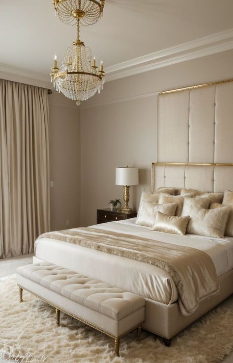 Beige Room Aesthetic, Cozy Beige Bedroom, Beige And Gold Bedroom, Beige Bedroom Ideas, Beige Room, Statement Chandelier, Matching Nightstands, Beige Curtains, Gold Rooms