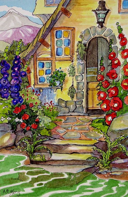 Between the mountains and the river sits a gardener's cottage.  Each square foot of the postage size yard boasts some growing thing...and if you can find him some hopping thing.  The latest in my series of vintage storybook inspired watercolors. Cottage Illustration, Storybook Art, Marjolein Bastin, Storybook Cottage, Cottage Art, Illustration Vintage, Art Et Illustration, Art And Illustration, Whimsical Art