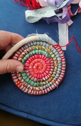 Just a little bit of the process... Using up scrap fabric to make a textile wrapped coiled rope basket... #coiledropebasket #handsewn… | Instagram Handmade Baskets Weaving, Coiled Basketry, Rope Basket Tutorial, Embroidery Floss Crafts, Fabric Basket Tutorial, Munich Airport, Diy Rope Basket, Basket Weaving Diy, Coiled Fabric Basket