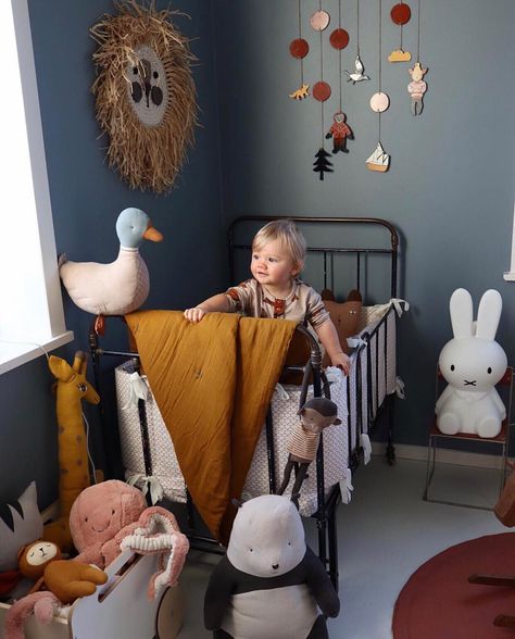 Talo Interiors on Instagram: “This little dude has the best soft toy basket ever! 💛 Our popular #oyoy Noah giraffe is back in stock, along side some of her mini friends.…” Kids Room Design Boys, Blue Grey Walls, Nursery Room Design, Room Blue, Kids Room Inspiration, Kids Interior Room, Dark Blue Grey, Nursery Baby Room, Toddler Bedrooms